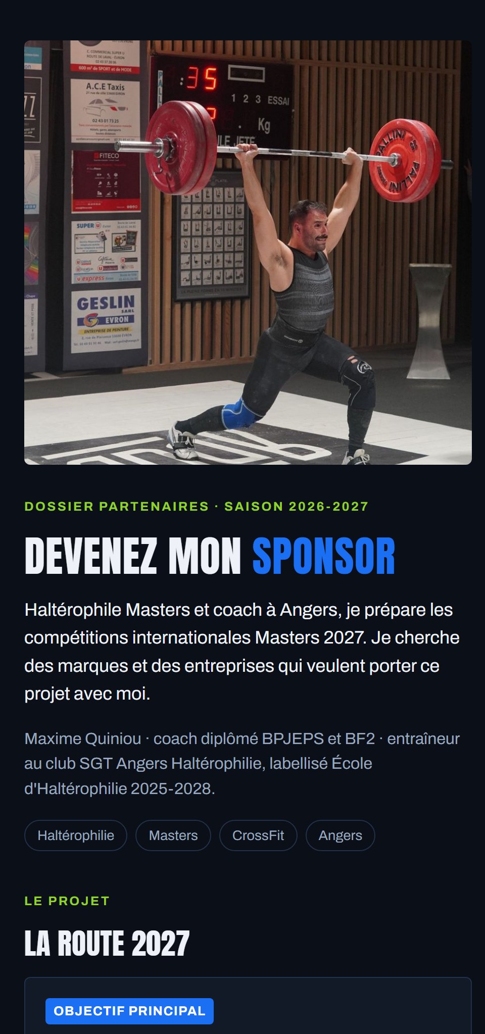 Maxime Quiniou en compétition au jeté. Dossier partenaires saison 2026-2027 : Devenez mon sponsor.