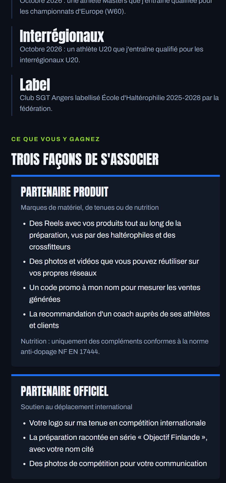 Résultats du coach et trois façons de s'associer : partenaire produit et partenaire officiel.